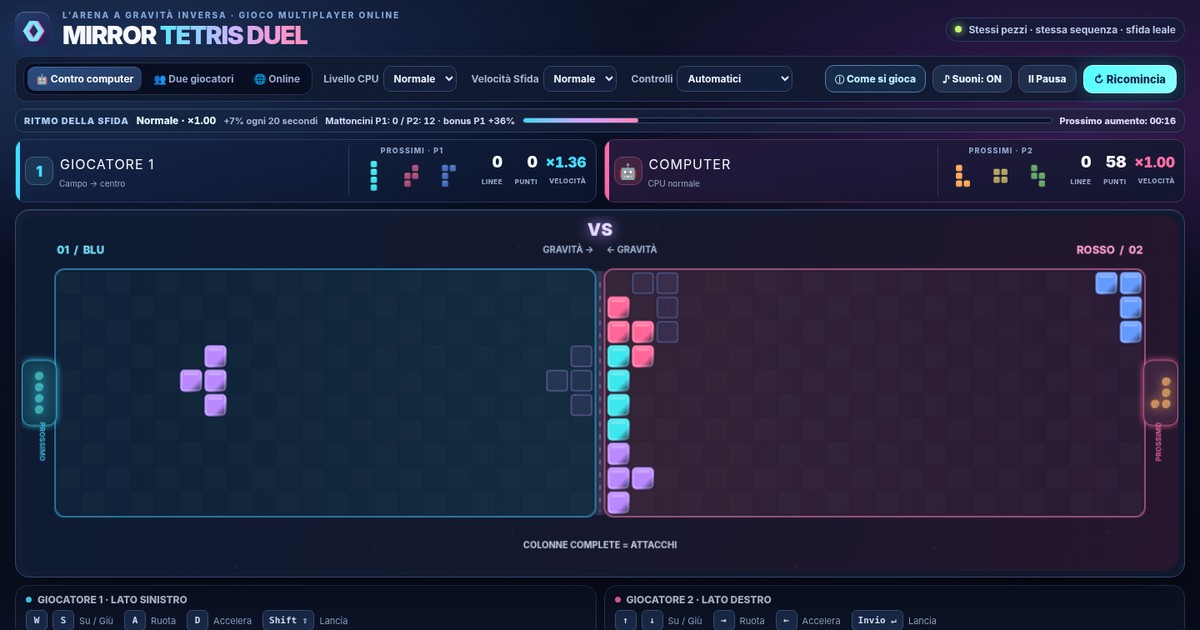 Schermata di Mirror Tetris Duel con due campi colorati speculari, avversari e prossimi pezzi